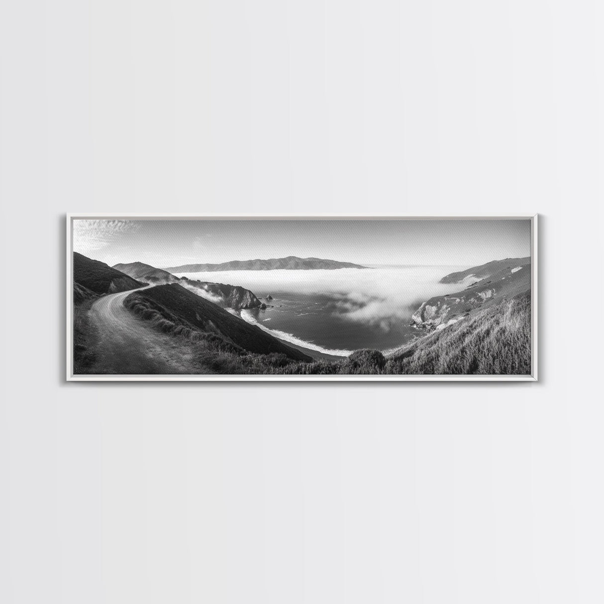 Mountain Road, Foggy Ocean View, Cliffside Drive, Framed Canvas Print, Scenic Wall Decor, Travel Photography, Modern Minimalist Art
