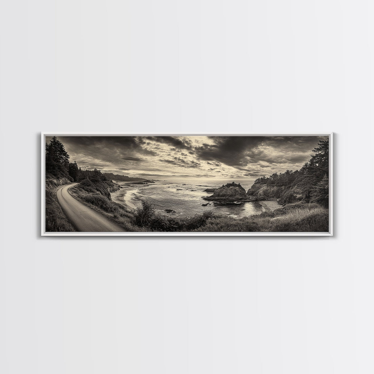 Coastal Road, Ocean Sunset, Rocky Shoreline, Framed Canvas Print, Moody Landscape Photography, Living Room Wall Art, Rustic Nature Decor