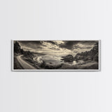 Coastal Road, Ocean Sunset, Rocky Shoreline, Framed Canvas Print, Moody Landscape Photography, Living Room Wall Art, Rustic Nature Decor