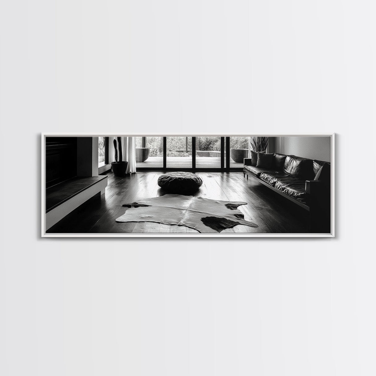 Modern Living, Minimalist Decor, Cowhide Rug, Framed Canvas Print, Neutral Aesthetic Wall Art, Luxury Living Room Design Accent