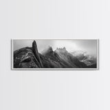 Jagged Peaks, Foggy Mountains, Dramatic Range, Canvas Print, Monochrome Wilderness Art, Office or Cabin Wall Decor, Adventure Style