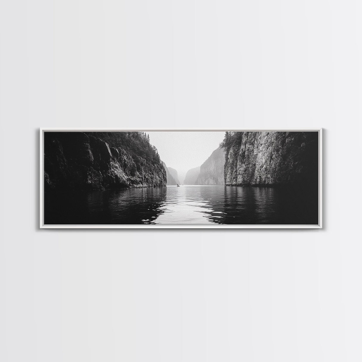 Misty Canyon, River Passage, Tranquil Adventure, Canvas Print, Nature Escape Wall Art, Zen Office Decor, Moody Black and White Style