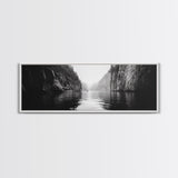 Misty Canyon, River Passage, Tranquil Adventure, Canvas Print, Nature Escape Wall Art, Zen Office Decor, Moody Black and White Style