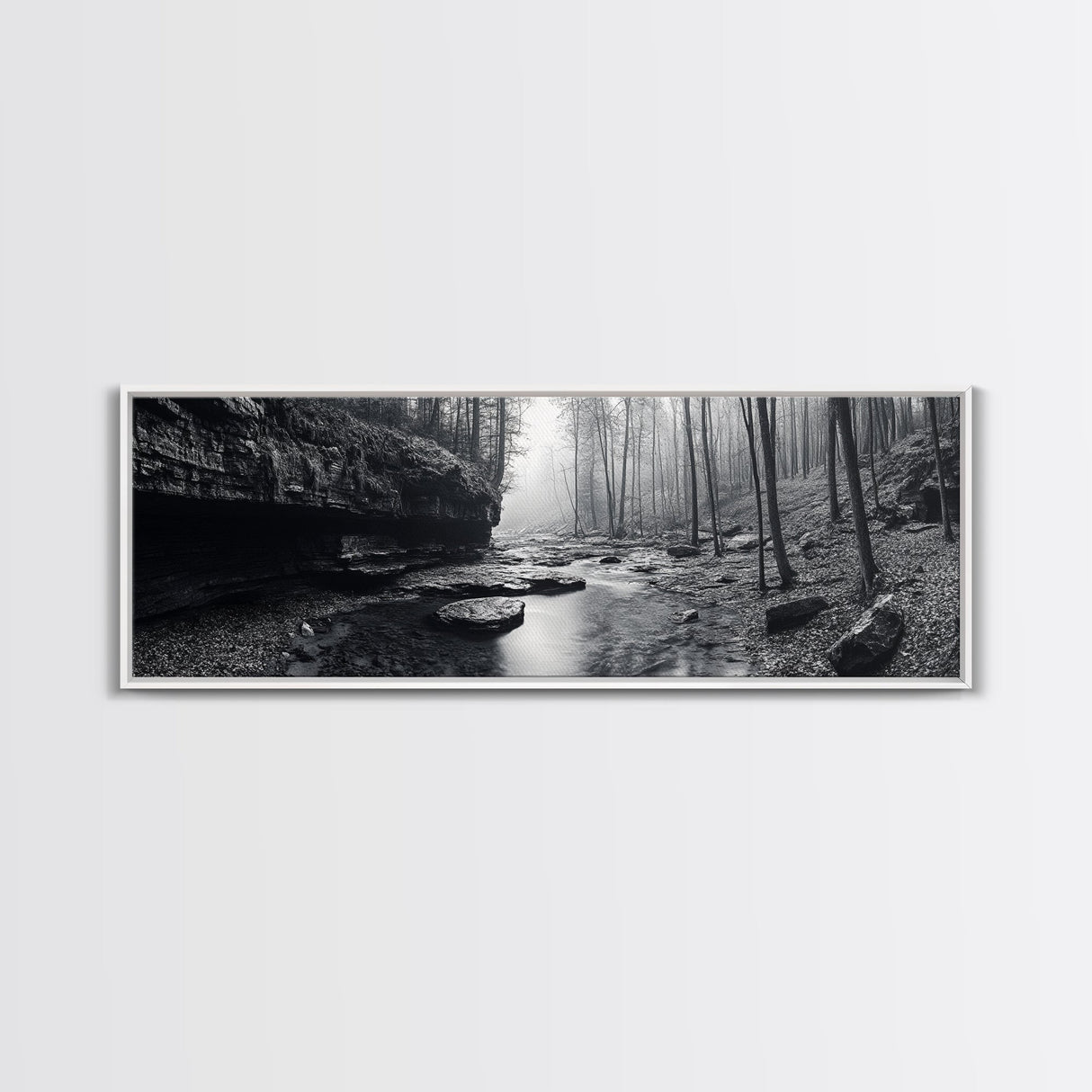 Misty River, Tranquil Forest, Autumn Nature, Monochrome Photography, Framed Canvas Print, Bedroom Wall Art, Rustic Decor, Minimalist Style