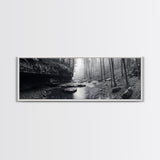 Misty River, Tranquil Forest, Autumn Nature, Monochrome Photography, Framed Canvas Print, Bedroom Wall Art, Rustic Decor, Minimalist Style
