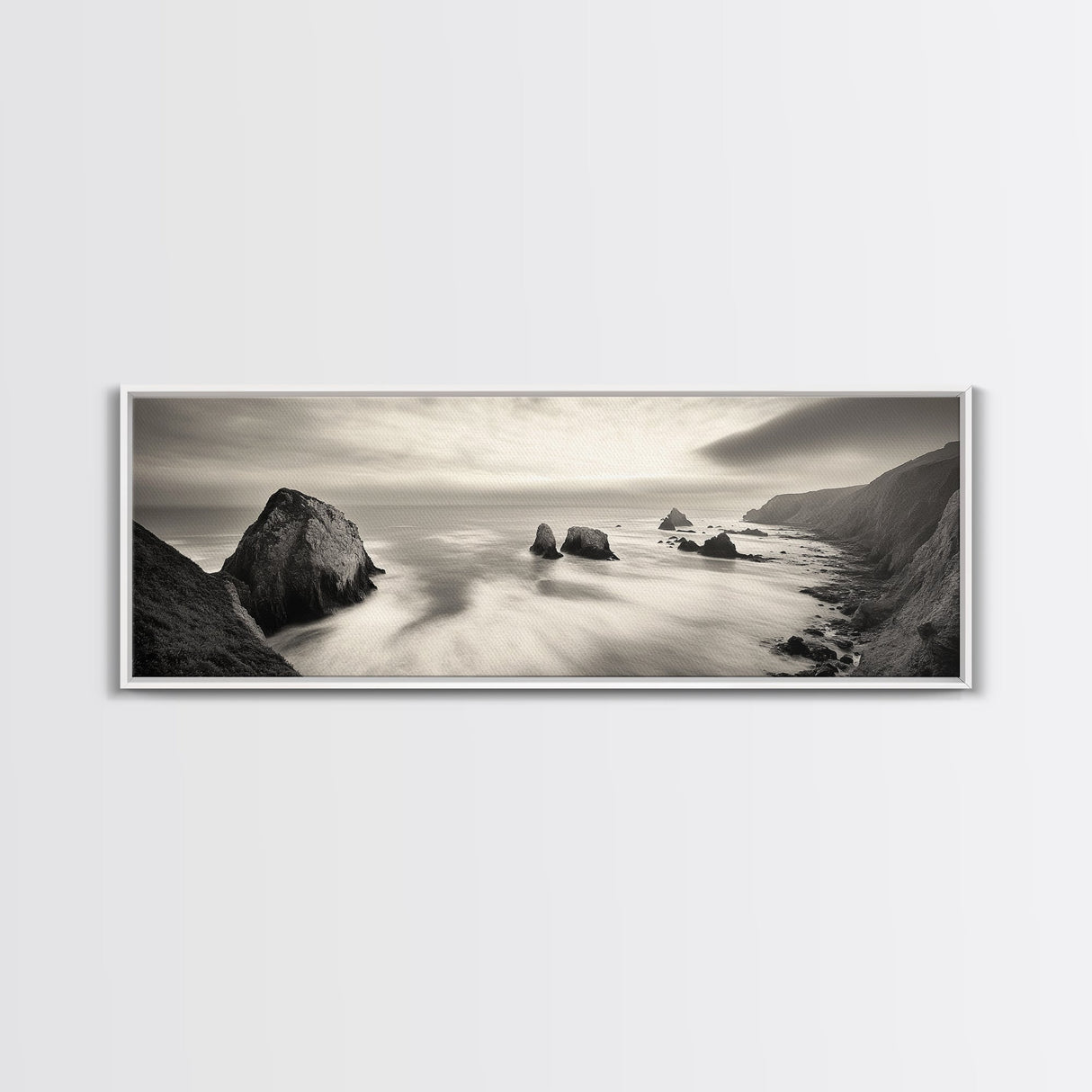 Rocky Coastline, Ocean Cliffs, Soft Waves, Long Exposure Landscape, Framed Canvas Print, Nautical Wall Art, Calm Living Room Decor