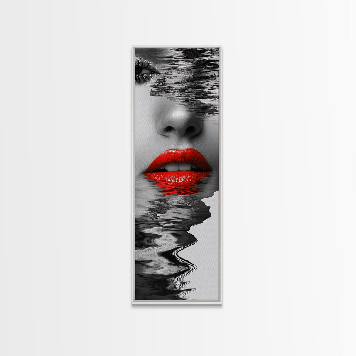 Red Lips, Reflections, Water Art, Surreal Beauty – Canvas Print, Glam Wall Art, Bathroom Decor, Black White Red Art, Fashion Aesthetic