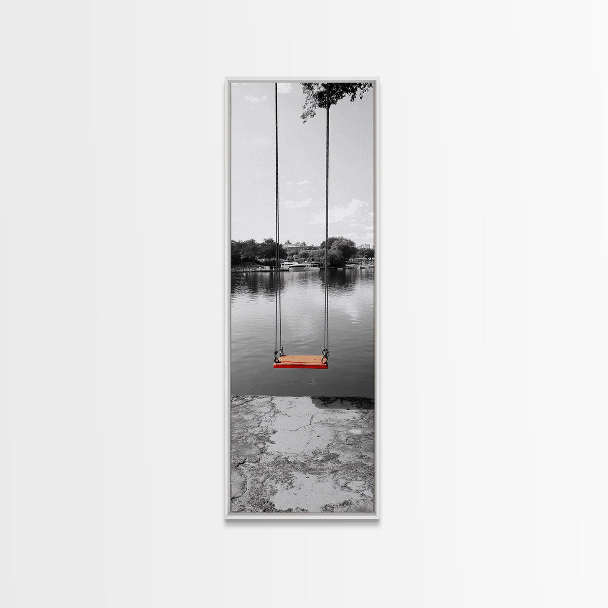 Swing Over Lake, Still Waters, Childhood Memories, Tranquil View – Canvas Print, Minimalist Wall Art, Kids Room Decor, Serene Black and White