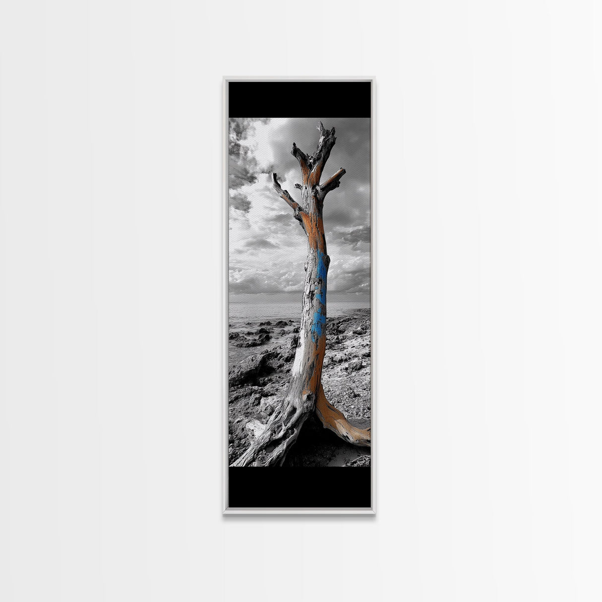 Painted Tree, Coastal Driftwood, Stormy Sky, Bold Texture – Framed Canvas Print, Beach House Decor, Abstract Nature Art, Rustic Minimalism