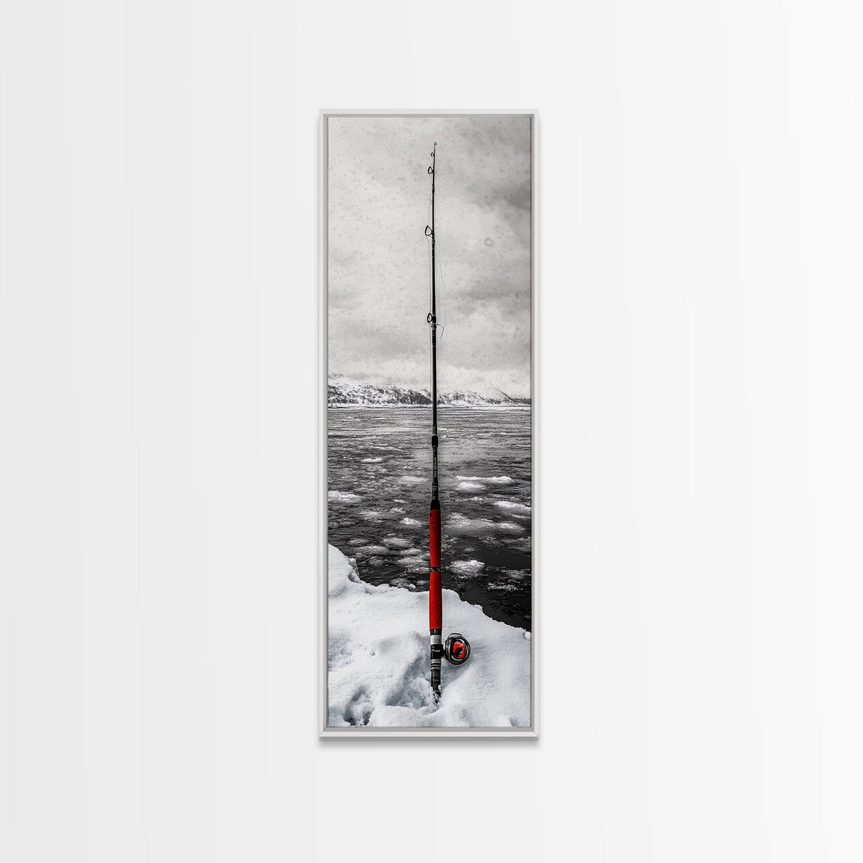 Ice Fishing Rod, Snow Adventure, Winter Sport, Framed Canvas Print, Man Cave Decor, Rustic Cabin Wall Art, Outdoor Lifestyle Photography
