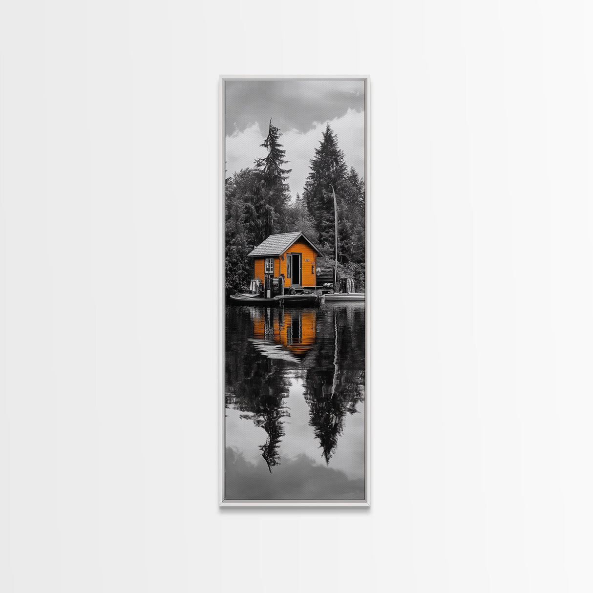 Lake Cabin, Reflection Serenity, Forest Escape, Framed Canvas Print, Nature Wall Art, Rustic Lodge Decor, Cabin Living Room Inspiration