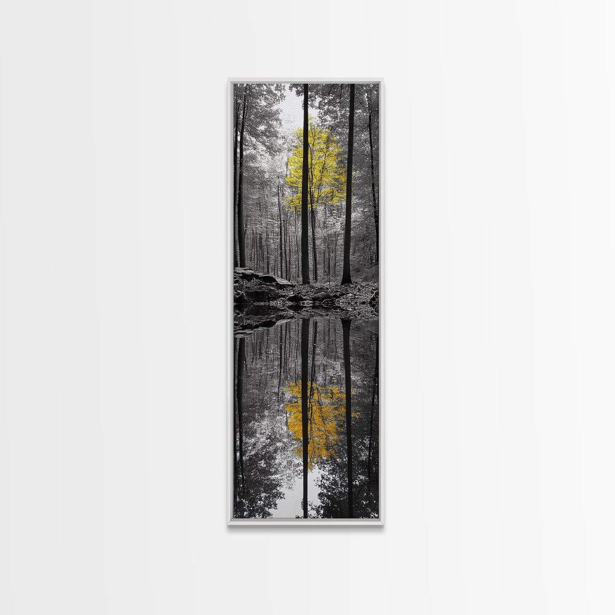 Yellow Tree, Autumn Woods, Forest Reflection, Nature Glow, Framed Canvas Print, Fall Wall Art, Rustic Decor, Cabin Art, Earthy Tones
