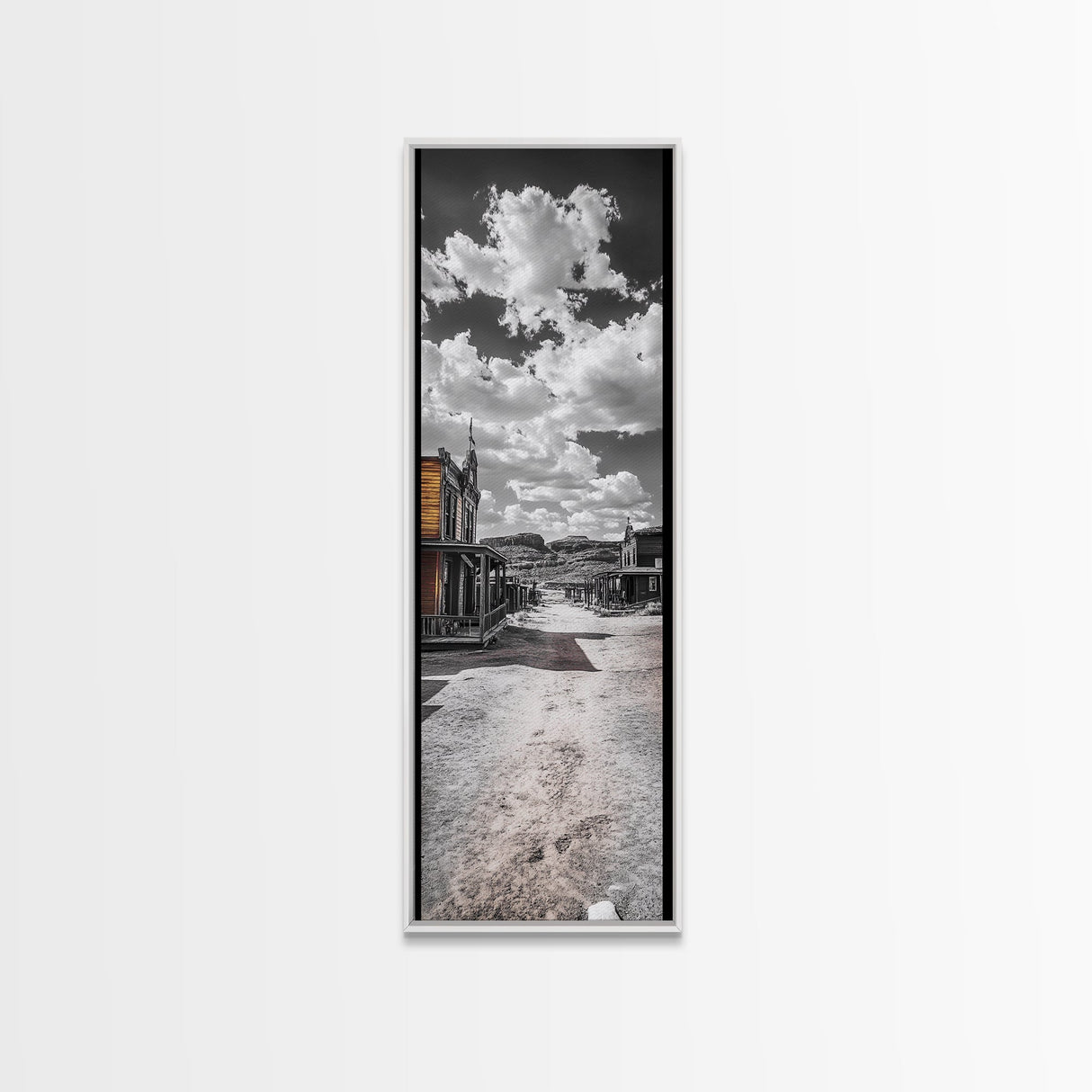 Desert Street, Western Town, Cloudy Skies, Frontier Road, Framed Canvas Print, Rustic Wall Art, Western Style Decor, Saloon Theme