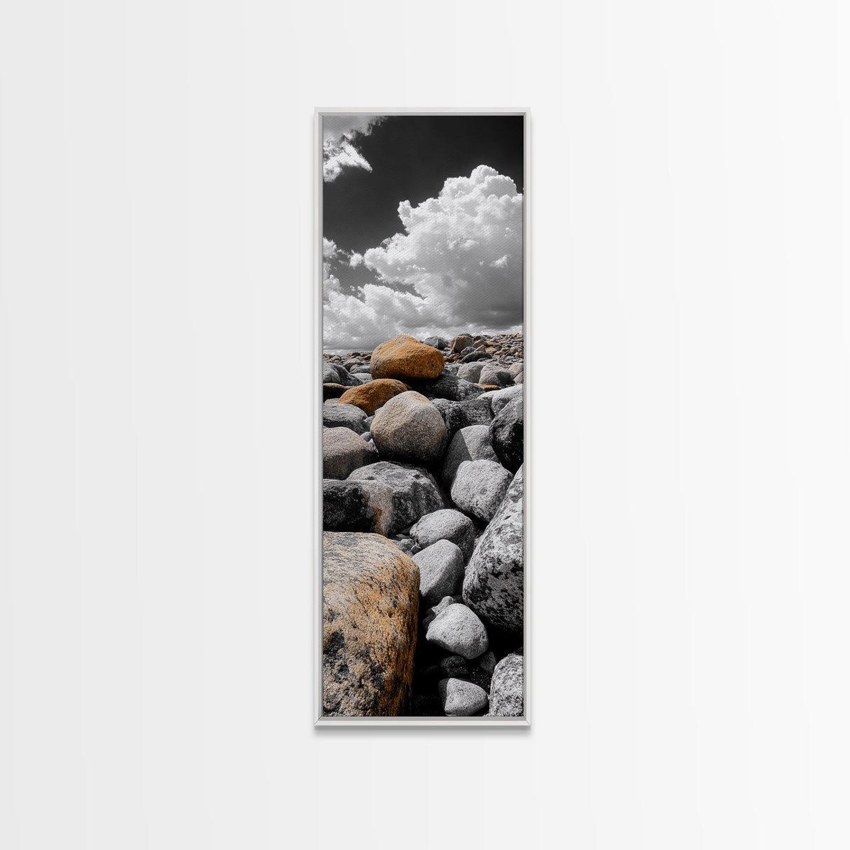 Golden Boulder, Rock Field, Dramatic Sky, Earth Tone Print, Framed Canvas Print, Nature Inspired Decor, Autumn Entryway Artwork