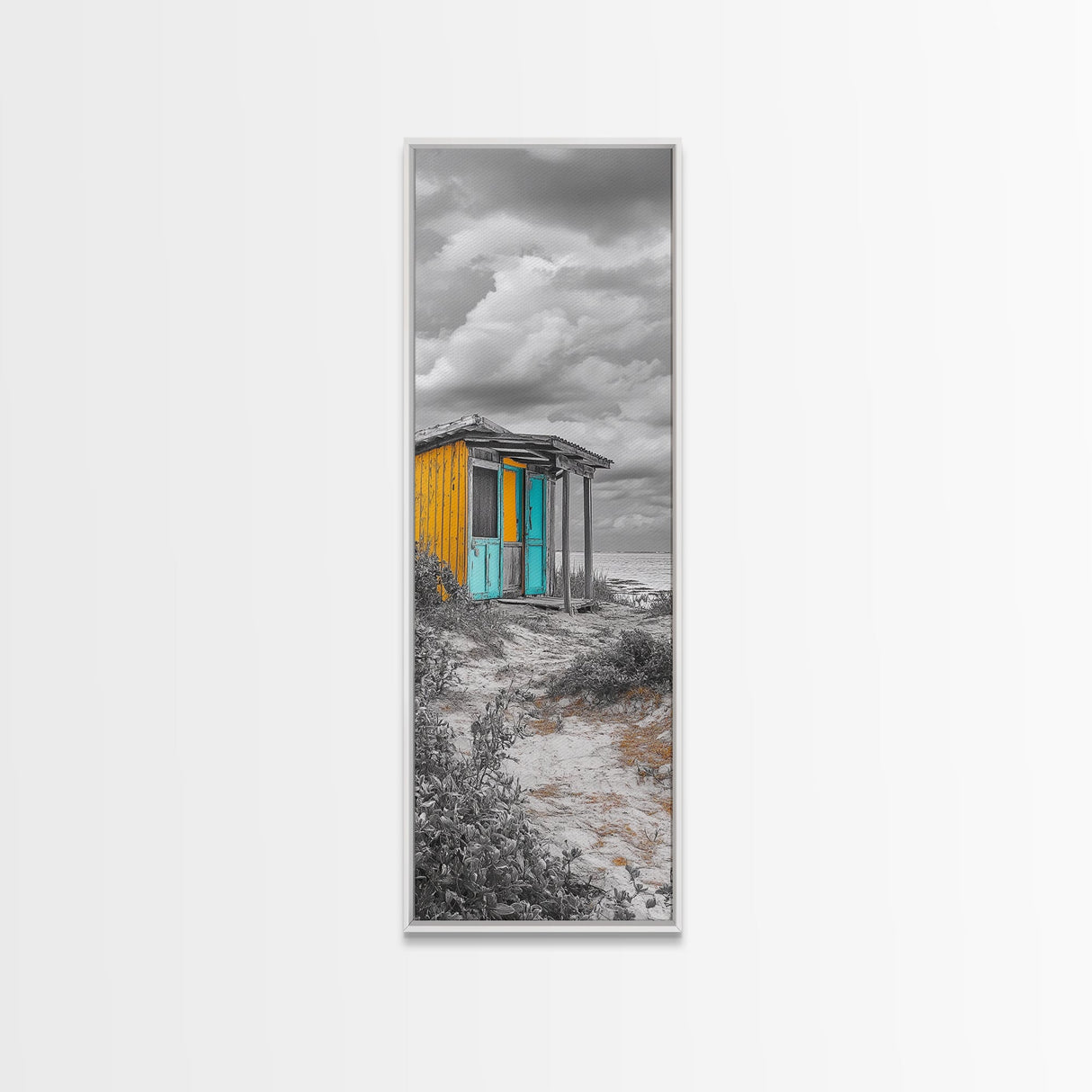 Beach Shack, Rustic Cabin, Vibrant Doors, Framed Canvas Print, Coastal Entryway Wall Art, Tropical Boho Decor, Seaside Rustic Style