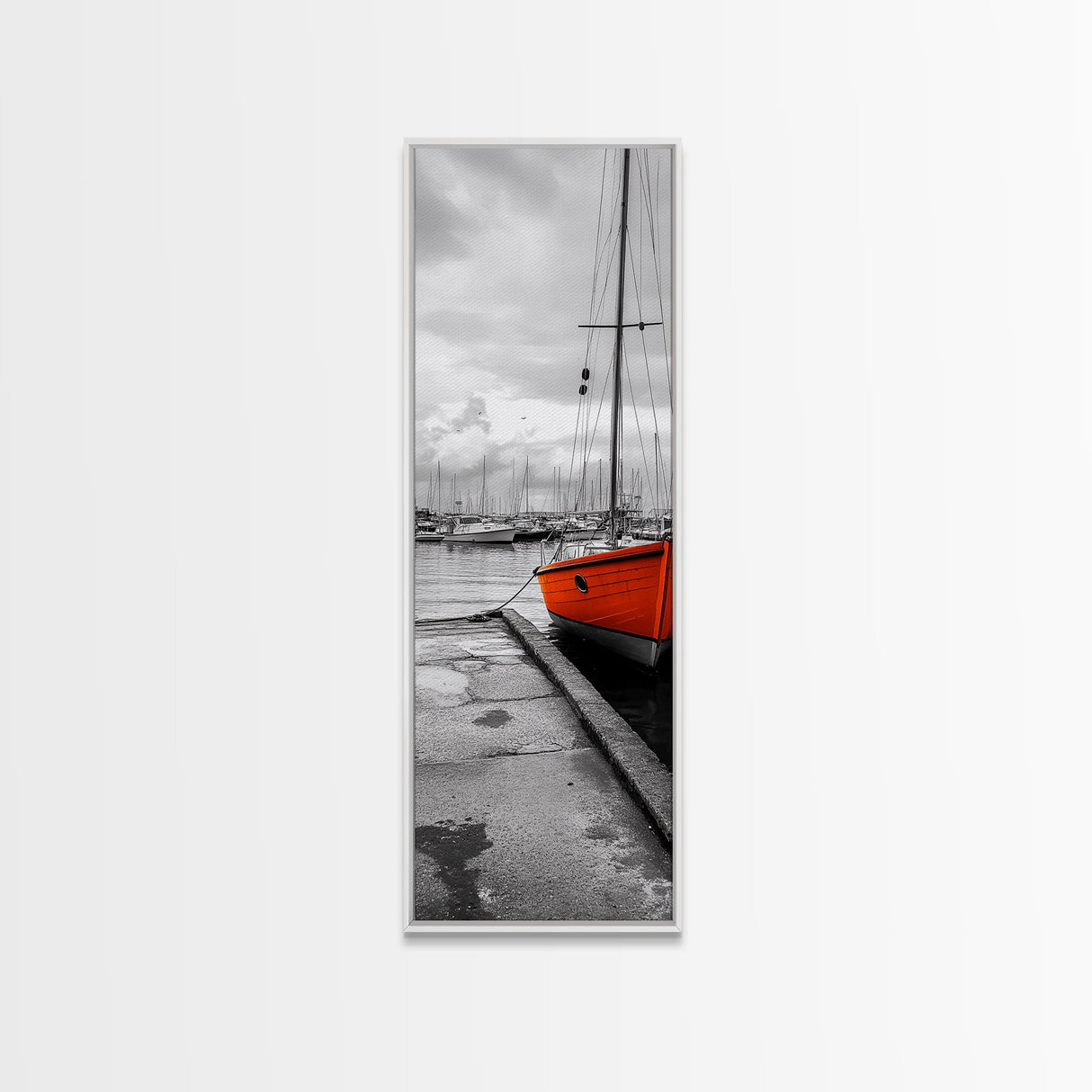 Vibrant Boat, Dockside Scene, Nautical Decor, Color Accent, Framed Canvas Print, Black and White Photography, Coastal Wall Art, Bathroom Art