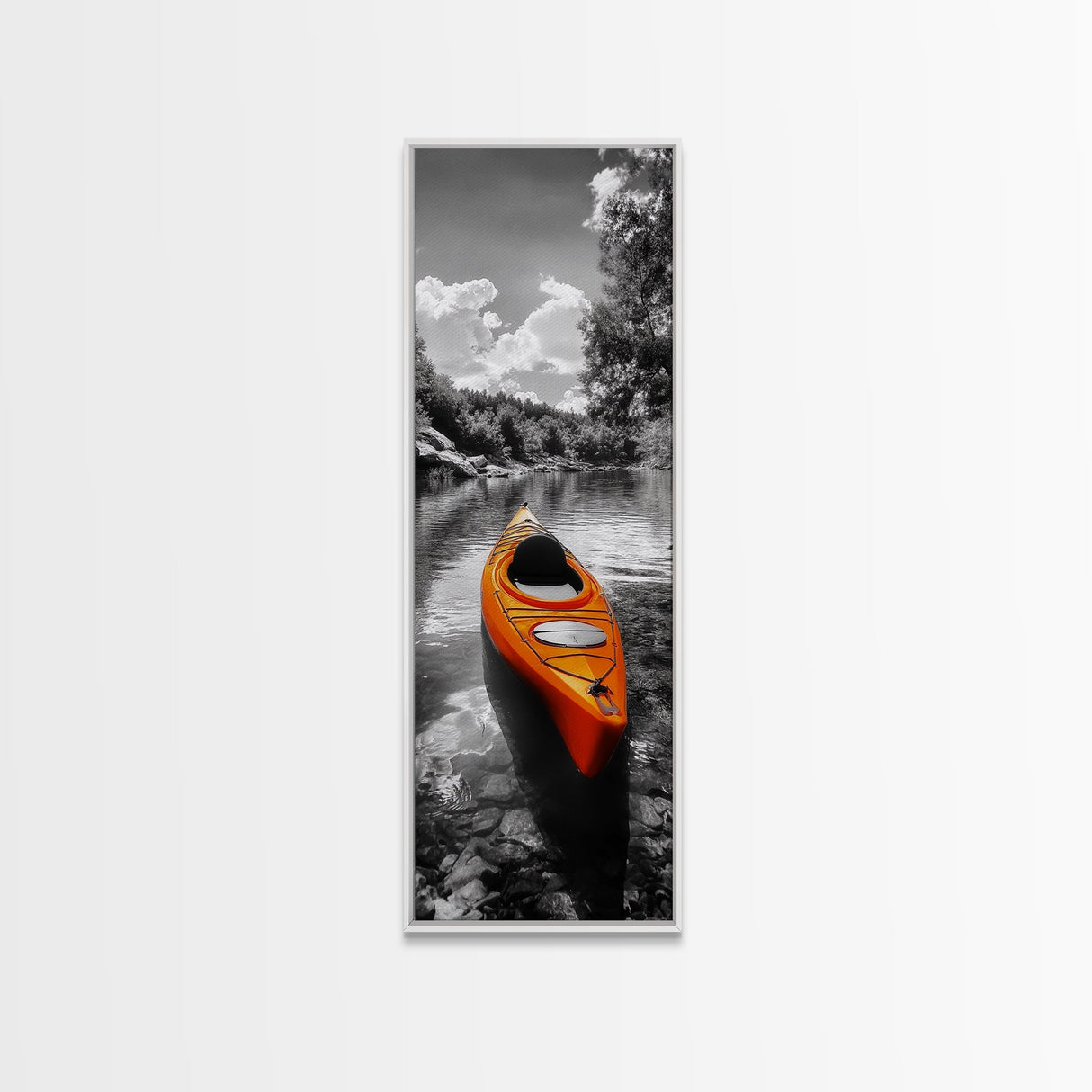 River Kayak Drift, Serene Paddle, Tranquil Outdoors, Fall Waterway, Canvas Print, Rustic Wall Art, Adventure Decor, Nature Photography