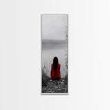Solitude Reflection, Red Dress Woman, Tranquil Mood, Autumn Lake Scene, Framed Canvas Print, Mindful Art, Bedroom Wall Decor