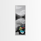 Lake Pebbles Art, Colorful Stones, Mountain Reflection, Calm Waterscape, Canvas Print, Zen Decor, Boho Lake Art, Bathroom Wall Art