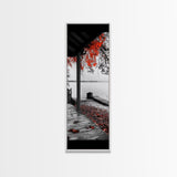 Fall Porch Scene, Lakeview Autumn, Red Leaves Deck, Tranquil Water, Canvas Print, Rustic Wall Art, Cozy Cabin Decor, Entryway Style