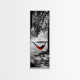 Red Hammock Escape, Nature Lake Art, Serene Moment, Outdoor Vibes, Framed Canvas Print Rustic Bedroom Wall Art, Minimalist Landscape