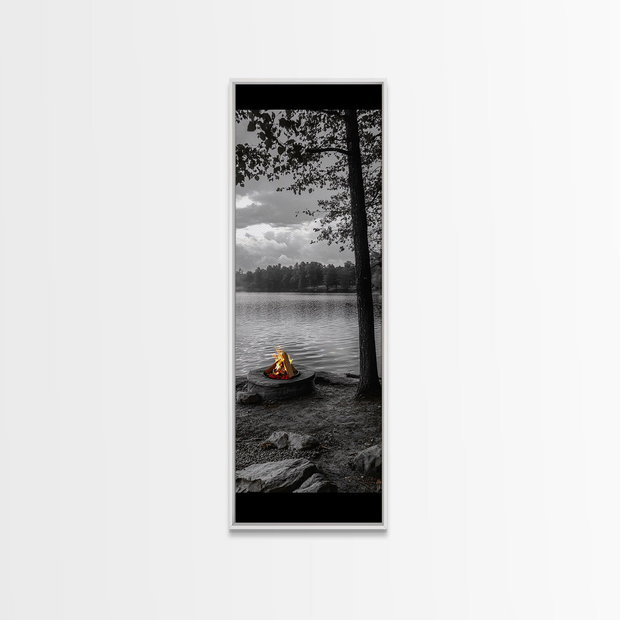 Autumn Campfire Scene, Cozy Outdoors, Fall Evening Glow, Lakeside Calm, Framed Canvas Print Cabin Decor, Living Room Autumn Wall Art