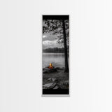 Autumn Campfire Scene, Cozy Outdoors, Fall Evening Glow, Lakeside Calm, Framed Canvas Print Cabin Decor, Living Room Autumn Wall Art