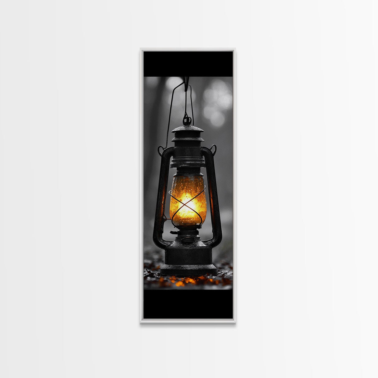 Vintage Lantern Glow, Moody Forest Scene, Rainy Night Light, Framed Canvas Print Rustic Entryway Wall Art, Autumn Warmth Art Style