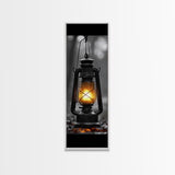 Vintage Lantern Glow, Moody Forest Scene, Rainy Night Light, Framed Canvas Print Rustic Entryway Wall Art, Autumn Warmth Art Style