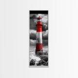 Red Lighthouse Storm, Coastal Beacon Art, Dramatic Seascape, Nautical Scene, Framed Canvas Print Living Room Wall Art, Moody Decor