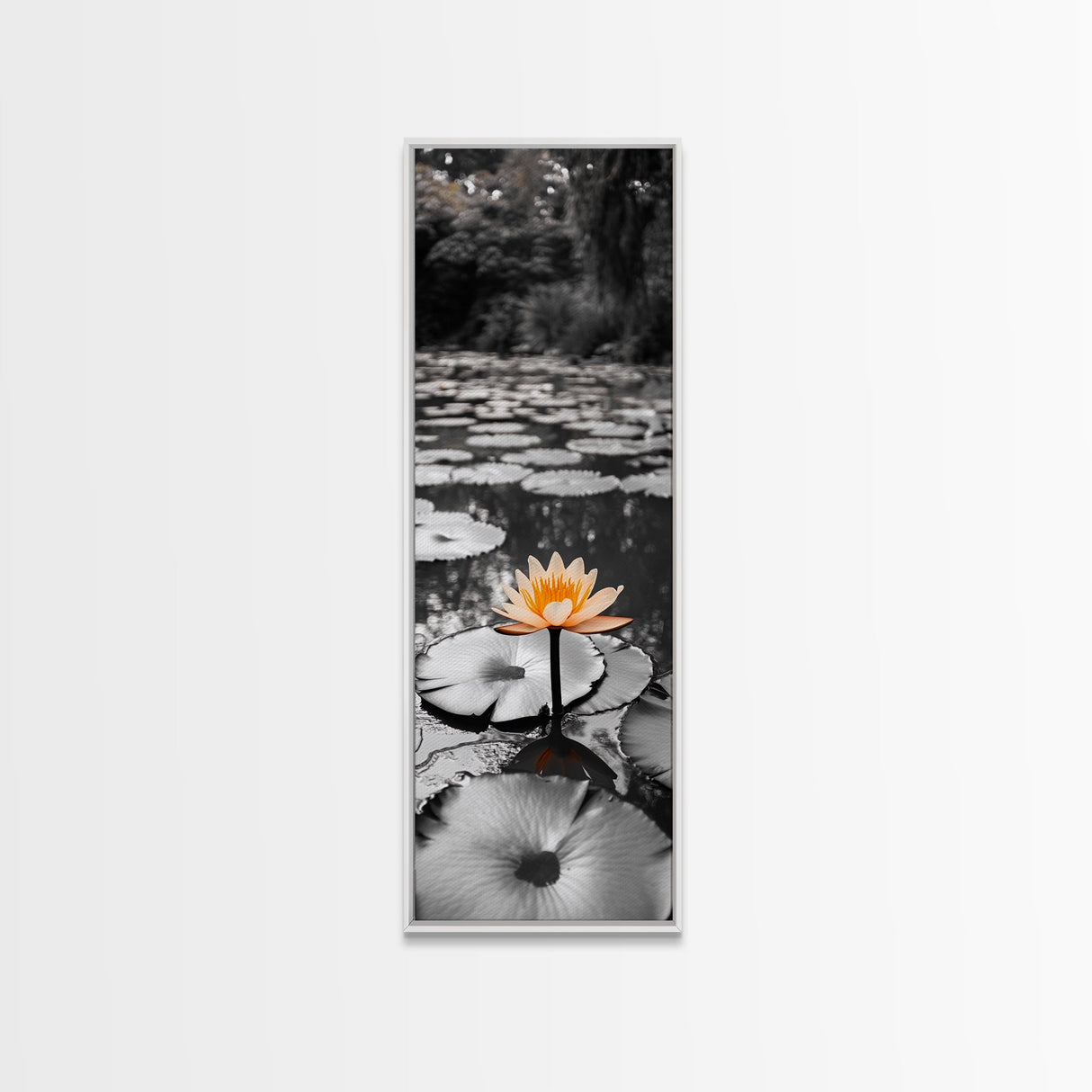 Orange Water Lily, Peaceful Pond Scene, Nature Reflection, Elegant Bloom, Framed Canvas Print Zen Bathroom Wall Art, Botanical Decor