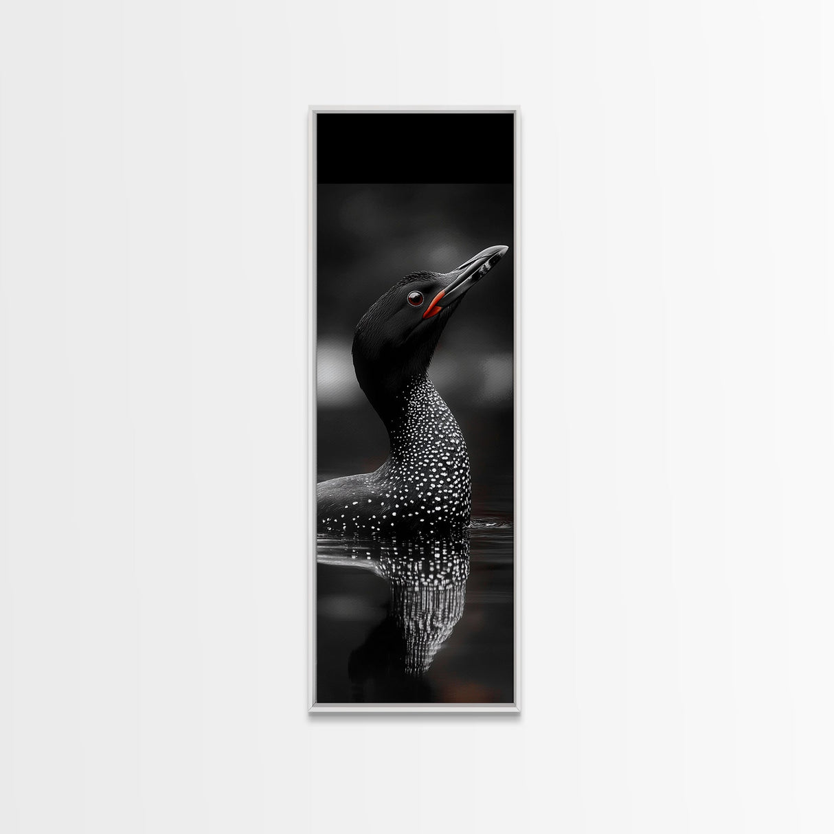 Loon Bird, Red Eye, Monochrome Wildlife, Nature Framed Canvas Print, modern living room wall art, black and white animal art