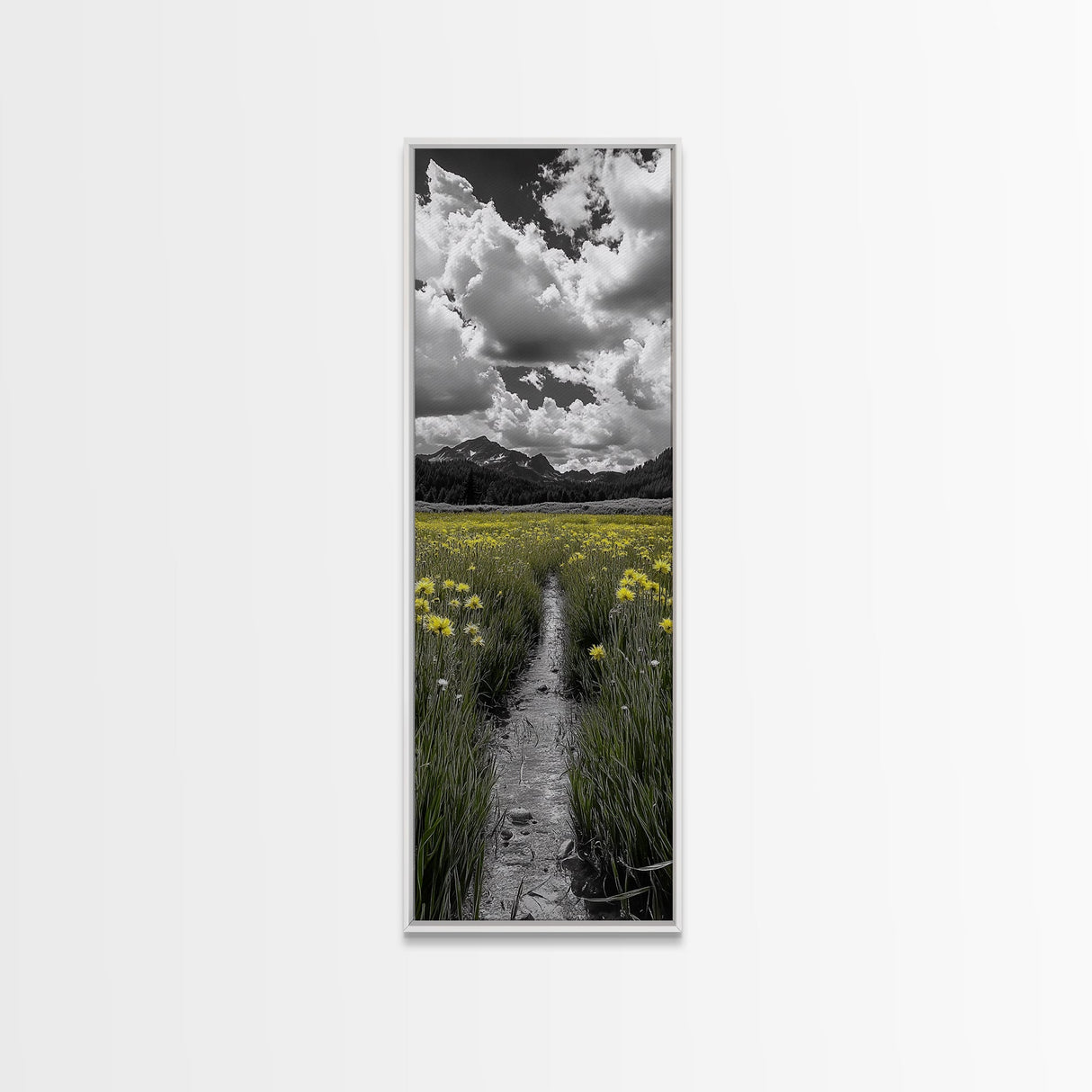 Yellow Field, Mountain Trail, Alpine Meadow, Bright Sky Framed Canvas Print, nature lover gift, landscape wall decor, cabin wall art
