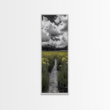 Yellow Field, Mountain Trail, Alpine Meadow, Bright Sky Framed Canvas Print, nature lover gift, landscape wall decor, cabin wall art