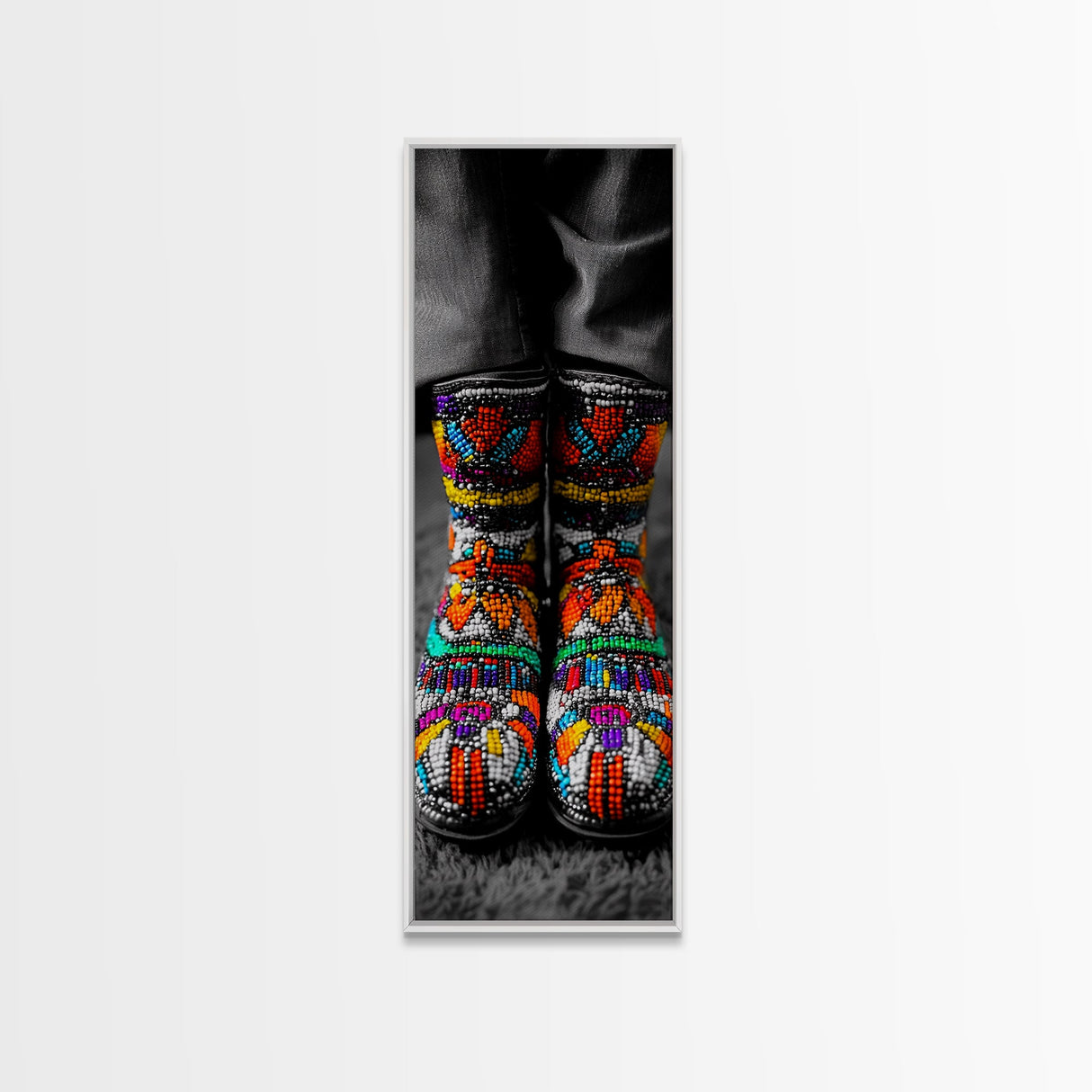 Beaded Boots, Bold Fashion, Cultural Style, Tribal Vibes, Framed Canvas Print, Boho art, Fashion Wall Art, Entryway Decor, Statement Piece