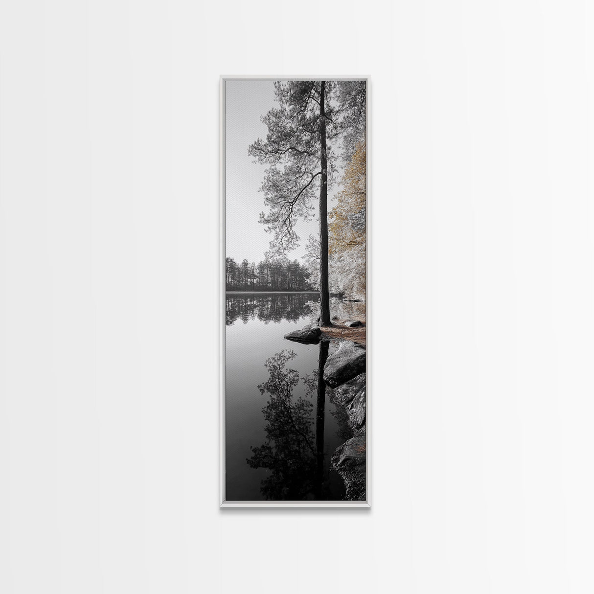 Serene Forest, Pine Reflection, Tranquil Lake, Autumn Vibe, Canvas Print, bedroom wall art, rustic neutral decor, nature minimalist