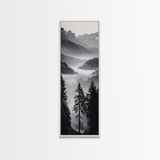Foggy Mountains, Pine Forest, Valley Mist, Calm Landscape, Canvas Print, entryway wall art, cozy cabin vibes, grayscale art style