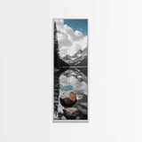 Alpine Reflection, Lake View, Mountain Tranquility, Framed Canvas Print, Nature Lover Gift, Bathroom Wall Art, Boho Landscape Art, Neutral Decor