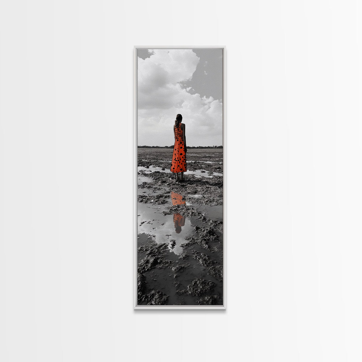 Solitary Woman, Polka Dot Dress, Reflected Mood, Framed Canvas Print, Surreal Fine Art, Bedroom Wall Art, Contemporary Minimalist Style
