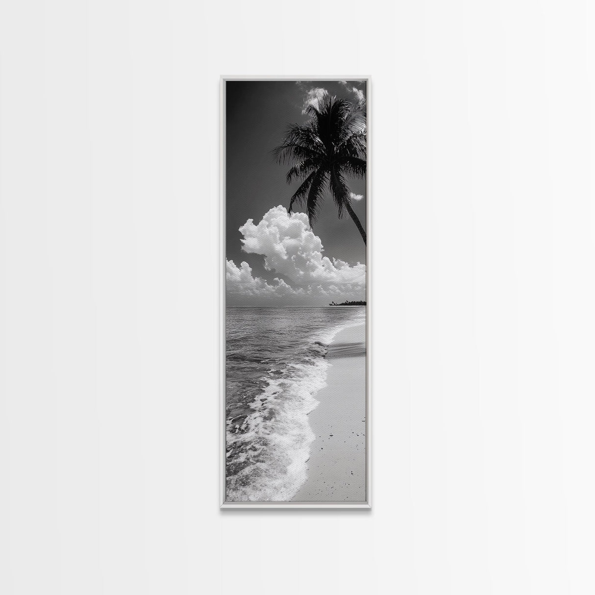 Tropical Palm, Beach Scene, Coastal Vibes, Framed Canvas Print, Relaxing Ocean Art, Bathroom Wall Decor, Minimalist Seaside Landscape