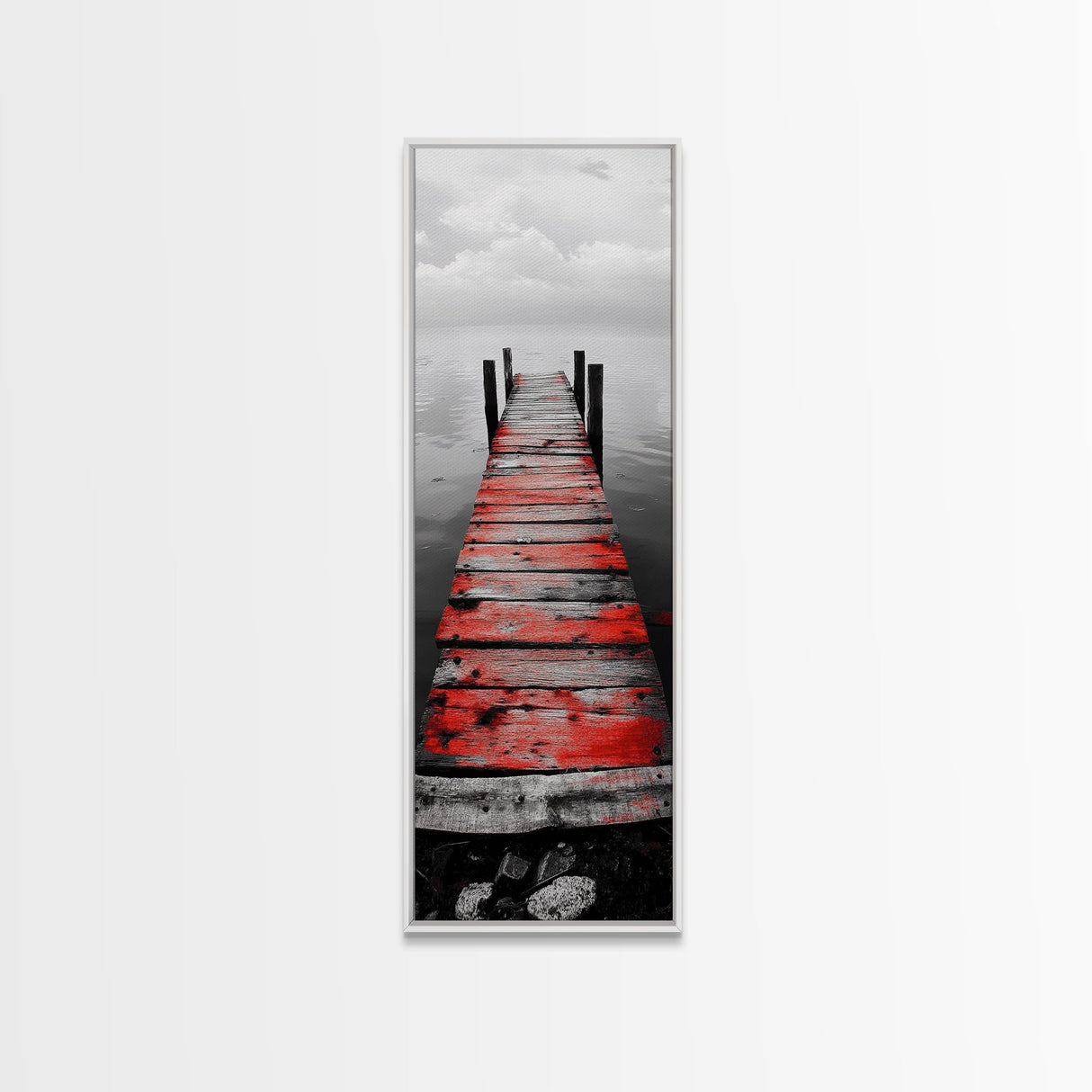 Red Dock, Still Water, Rustic Lake, Quiet Pier, Canvas Print, Bedroom Wall Art, Moody Lake Photography, Autumn Cabin Decor, Minimalist