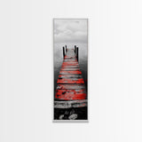 Red Dock, Still Water, Rustic Lake, Quiet Pier, Canvas Print, Bedroom Wall Art, Moody Lake Photography, Autumn Cabin Decor, Minimalist