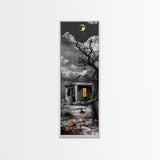Haunted Cabin, Yellow Light, Full Moon, Framed Canvas Print, Halloween Wall Art, Gothic Decor, Spooky Home Accent, Fall Vibes