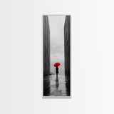 Red Umbrella, Rainy Day, Urban Silhouette, Framed Canvas Print, Minimalist Wall Art, Modern Entryway Decor, Monochrome Mood