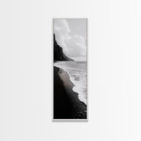 Black Sand, Ocean Foam, Rocky Shoreline, Coastal Serenity, Framed Canvas Print, Monochrome Wall Art, Bathroom Decor, Beach Minimalist
