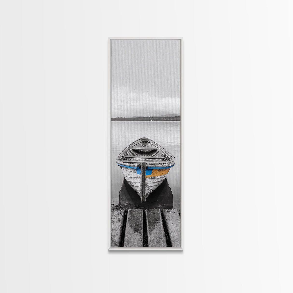 Rowboat Front, Calm Water, Lake Stillness, Serene View, Framed Canvas Print, Nautical Decor, Minimalist Art, Coastal Living Room