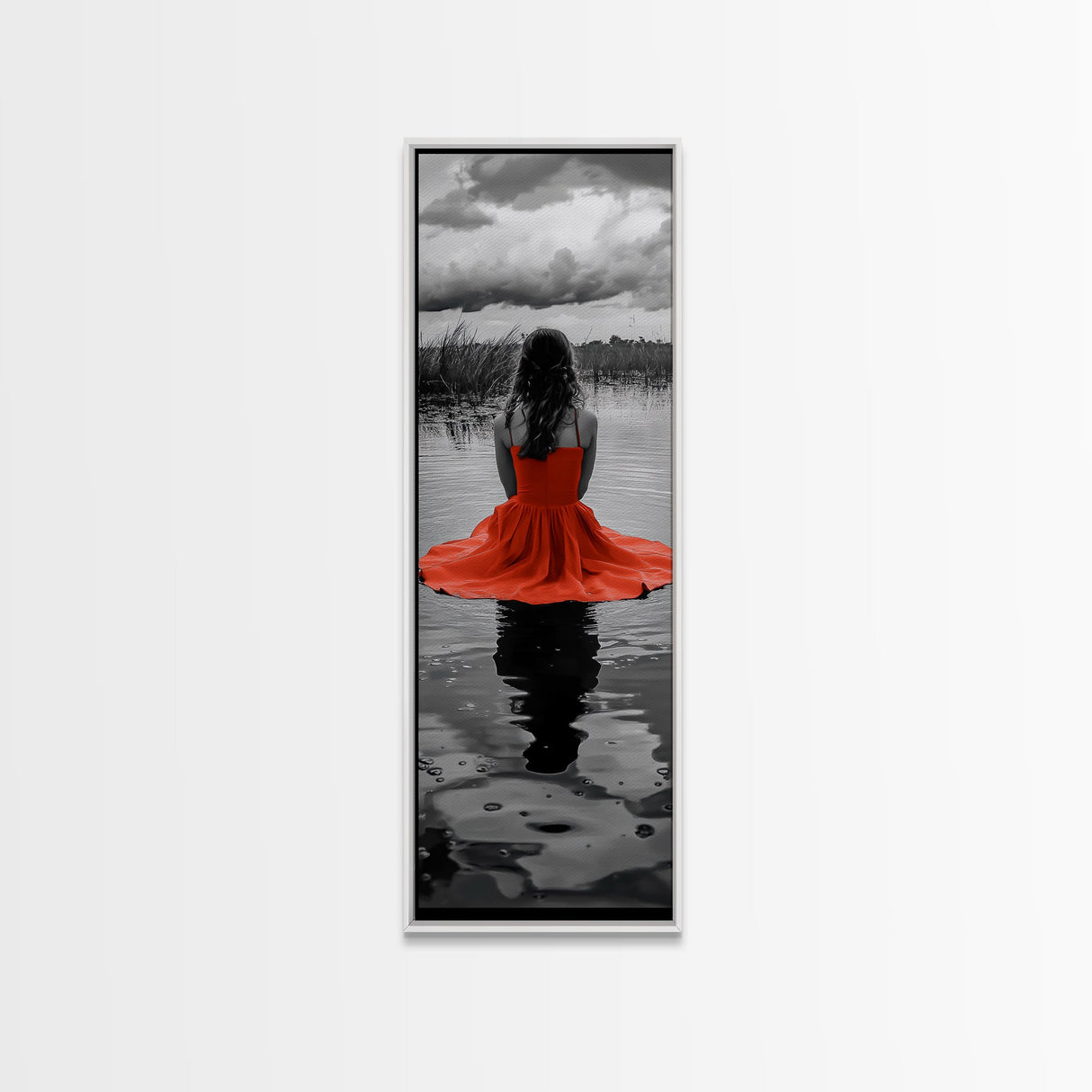 Woman in Red, Serene Lake, Moody Reflections, Dramatic Art Scene, Canvas Print, Bedroom Wall Art, Romantic Decor, Adventure Themed Ar