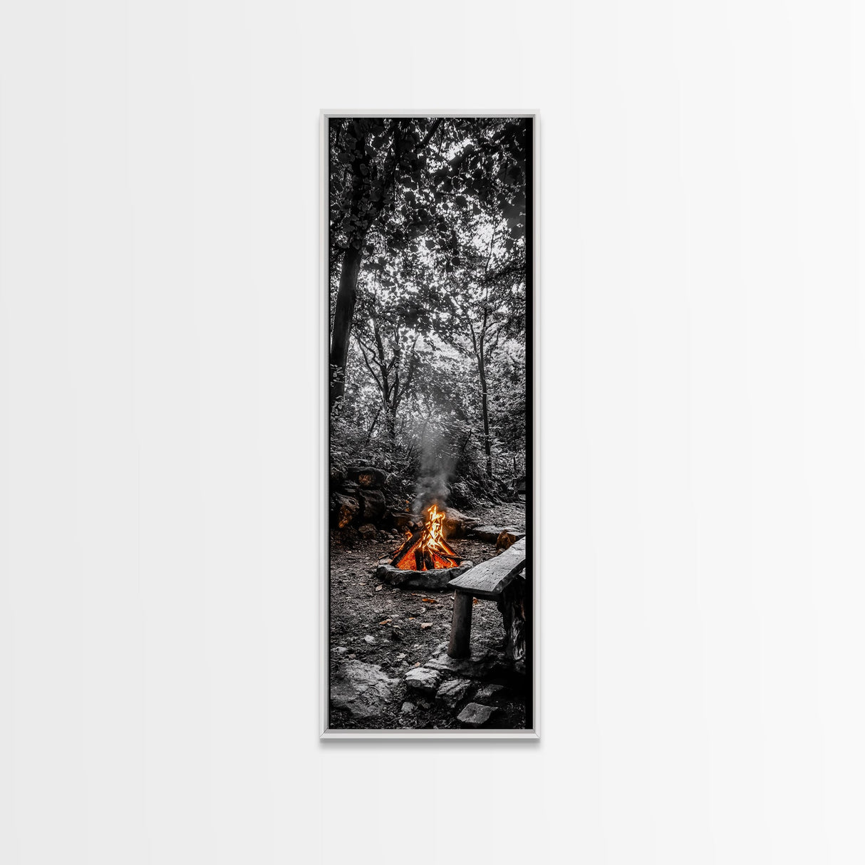 Forest Firepit, Glowing Flames, Wilderness Night, Framed Canvas Print, Camping Wall Art, Rustic Fall Decor, Cabin Living Style