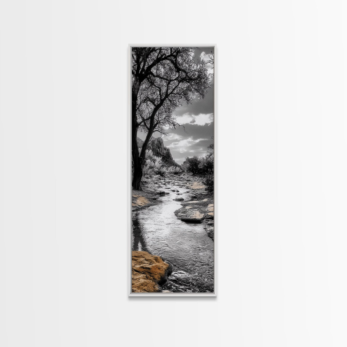 Desert Creek, Rocky Stream, Black and White Nature, Framed Canvas Print, Minimalist Southwest Art, Bedroom Decor, Monochrome Landscape
