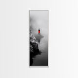Misty Lighthouse View, Red Beacon Decor, Coastal Minimalist Art, Framed Canvas Print, Modern Seascape Living Room Wall Decor